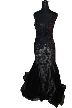 Camille Black Lace Corset Gown • Sheer Bodice • Boned • Mermaid Hem • Size 4